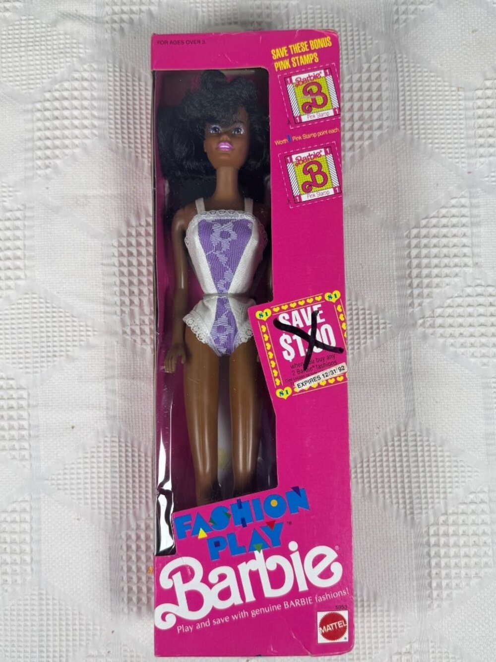 Fashion Play Barbie Doll Mattel Vintage 1990 Brunette In Purple Dress 5953 NIB